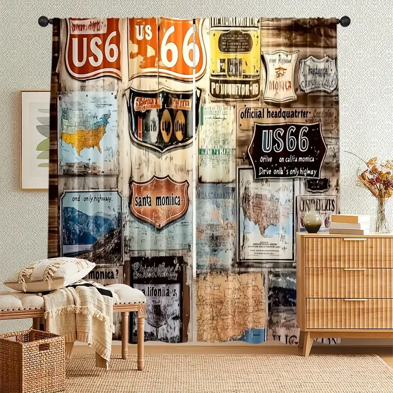 2pcs Retro US Route 66 Sign Printed Curtains, Designed for Light Filtering, Quality Material, Ideal for Vintage Style Home Windo