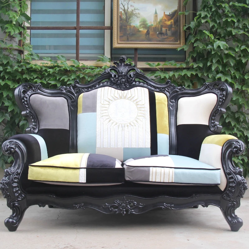 

New living room neoclassical European solid wood carving fabric contrasting color single sofa chair clubhouse villa