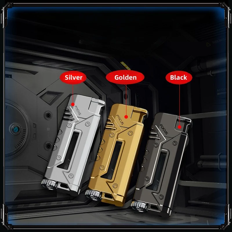 

New Metal Outdoor Butane Gas Lighter Cool Led Light Visible Chamber Straight Flame Windproof Inflatable Cigar Lighter Men's Tool