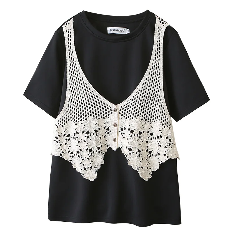 

Летняя женская футболка больших размеров 2026 с эффектом двухслойности, имитация вязаного жилета, топ с коротким рукавом из модала, воздушный слой, для пышных дам, модель 8829