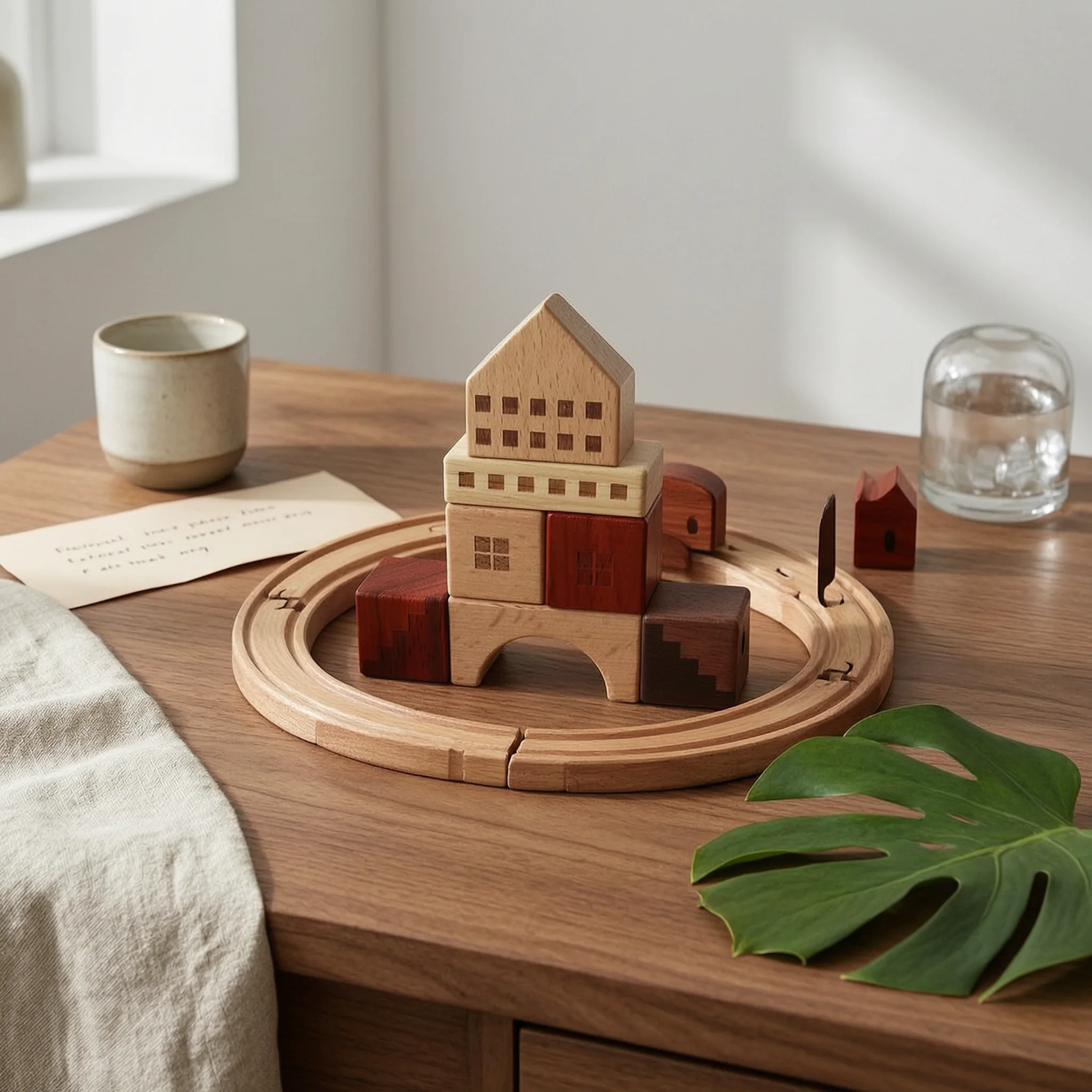 Wooden Railway Station Creative Play Children's Playset Printed Details Tabletop Train Track Set Wooden Rail-Building Toy