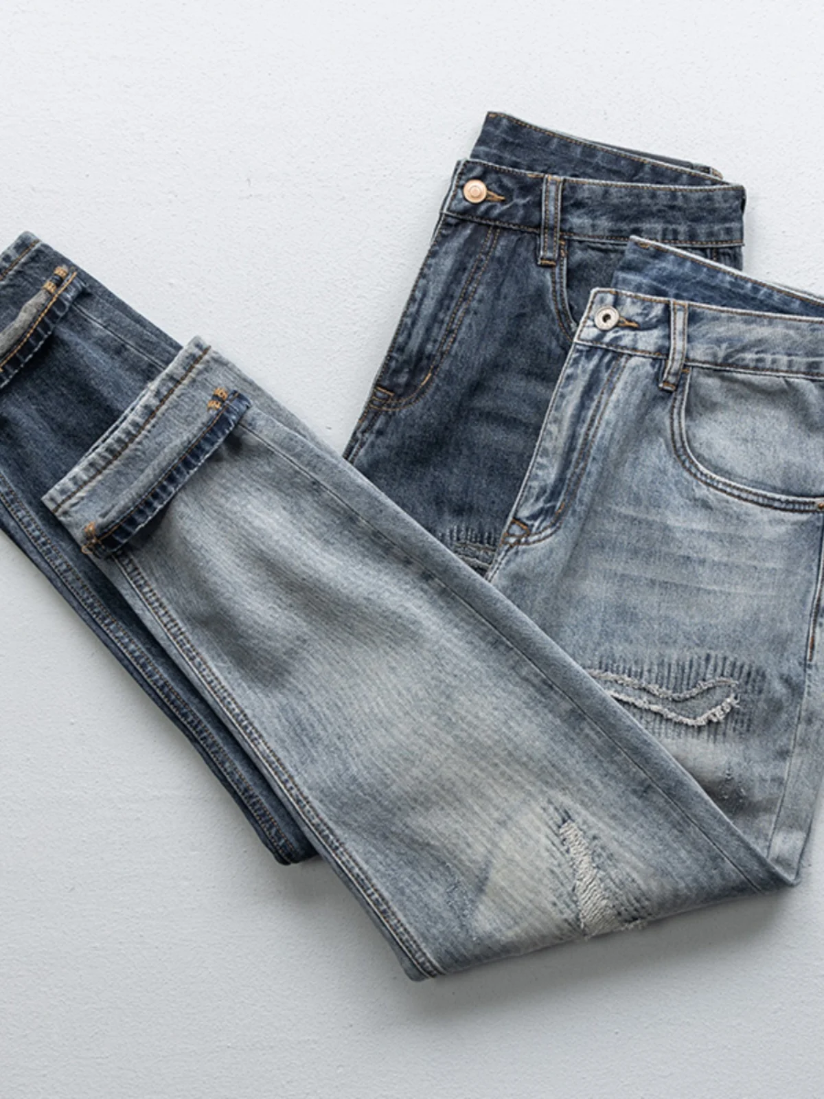 

2024 New Men's Straight Leg Jeans Casual Patchwork Hole Trendy American Work Pants Cotton Stretch mid Waist Zipper Youth Faion