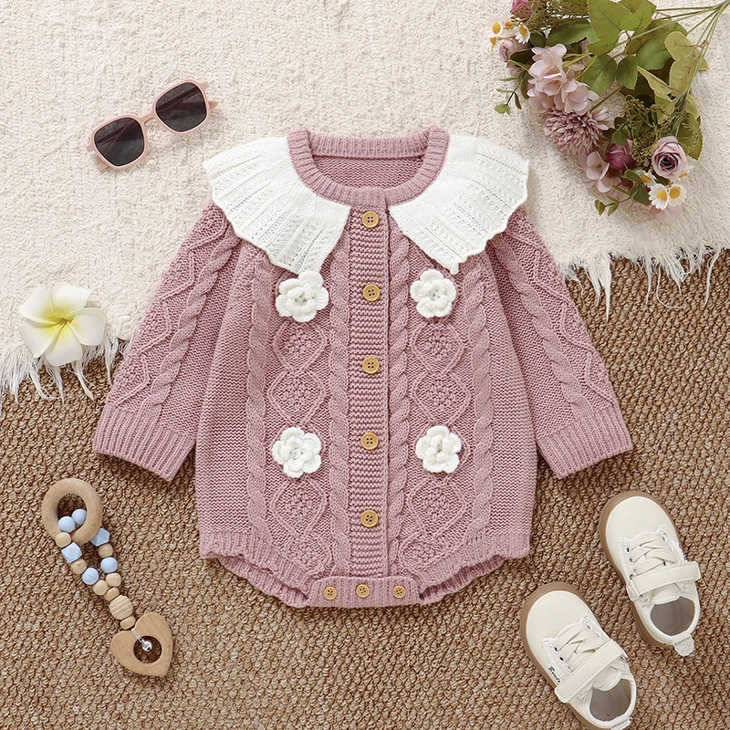 

Winter Baby Girls Bodysuits Clothes Pink Long Sleeves Knit Newborn Floral Onesie Coveralls Autumn Casual Outwear Infant Costumes