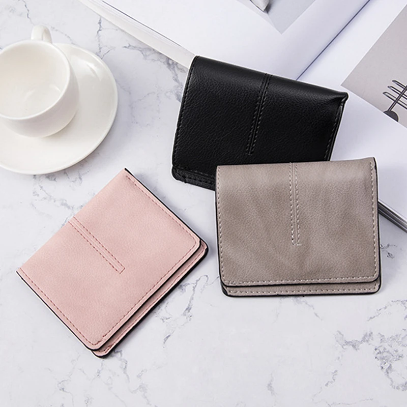 Dompet pendek kulit PU untuk wanita, dompet pendek kulit PU banyak kartu, dua lipat, bagian tipis dengan jepret warna Solid, kapasitas besar