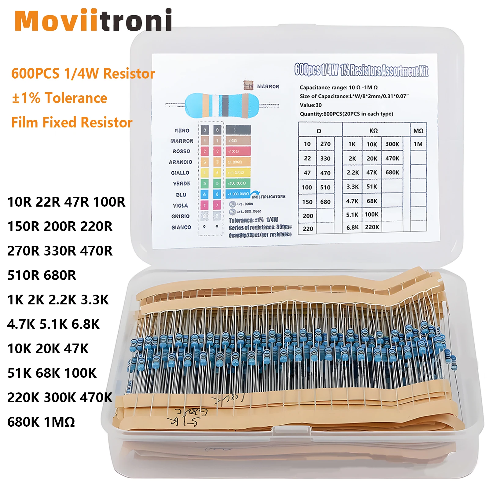 600Pcs Resistor 1/4w (0.5Watt) ±1% 10Ω-1MΩ 22R 47R 100R 200R 470R 1K 10K 4K7 100K 220K Tolerance Metal Film Fixed Resistor Kit