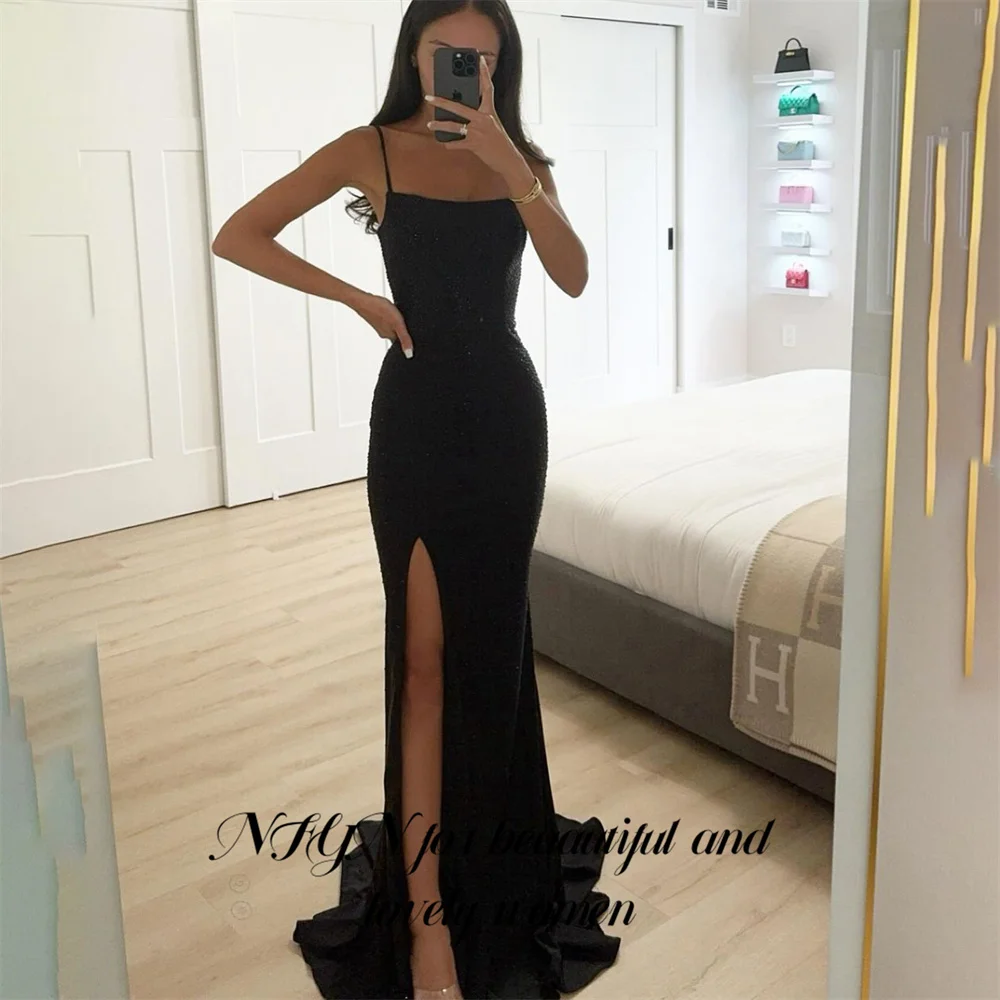 

NFYN Mermaid Sexy Fuchsia Evening Dress Stain Spaghetti Strap Evening Gown with Split Pleat Party Dress Formal Dress Customized