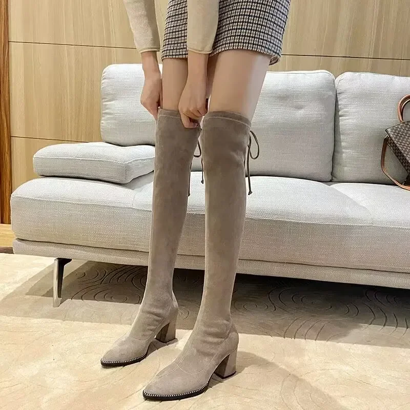 

2024 Winter New Style Sleeve Women's Fashion Boots Over The Knee High Heels Fang Hei Pointed Tip Suede Rubber Sole Anti-slip