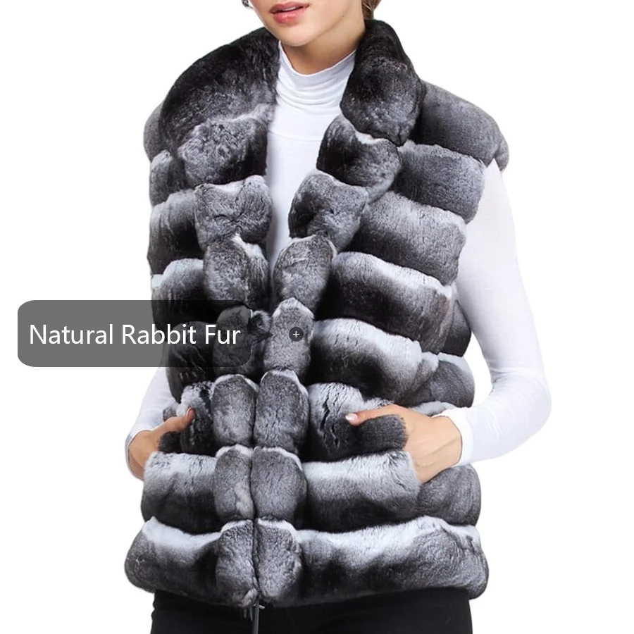 Natürliche Kaninchen Fell Weste Mit Stehkragen Echte Kaninchen Fell Weste Ärmellose Echt Pelzmantel Heißer Verkauf frauen Pelz Weste