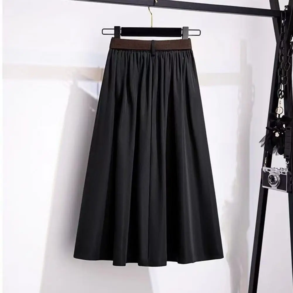 Breathable Midi Skirt Large Hem Skirt Elegant A-line Midi Skirt with Belt High Waist Design Soft Draped Hem for Breathable