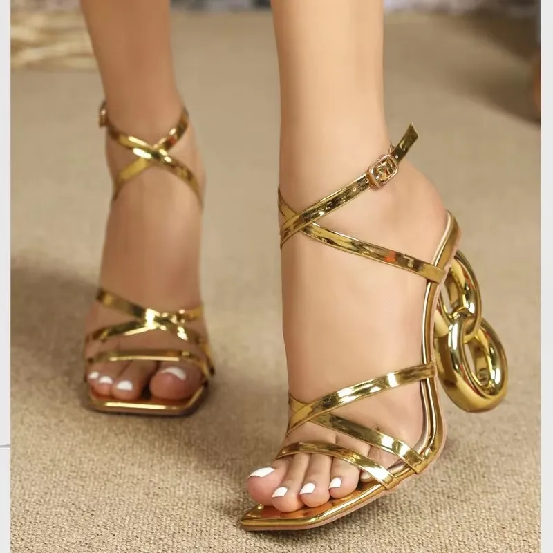 Eilyken Fashion Golden Narrow Band Square Toe Women\'s Sandals Designer Fretwork High Heels Ankle Buckle Strap Ladies Shoes