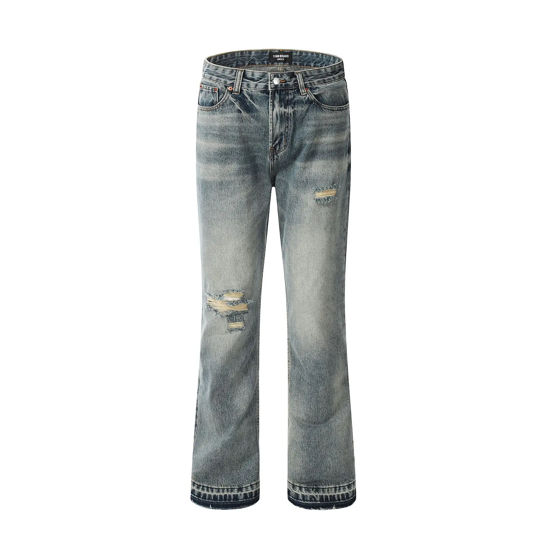 EU/US High-Street Distressed Relaxed Fit Washed-Bleached Ripped Cat Whisker Jeans & Flare Pants