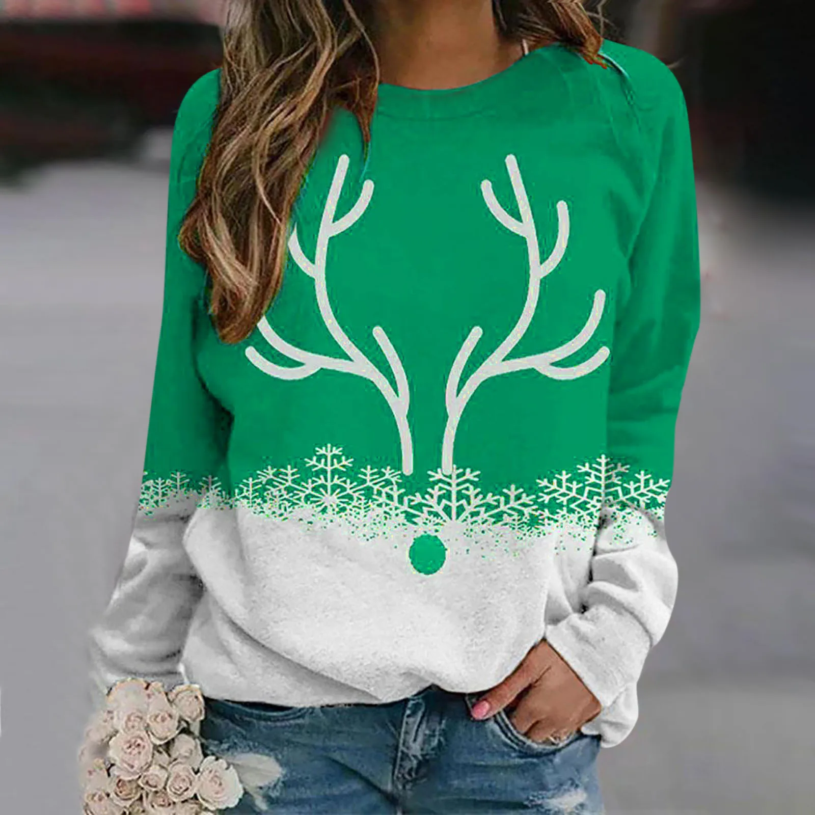 2024 Autumn and Winter Women's Shoulder Hoodie Snowflake Christmas Deer 3D Printed Round Neck Loose Long Sleeve T-shirt