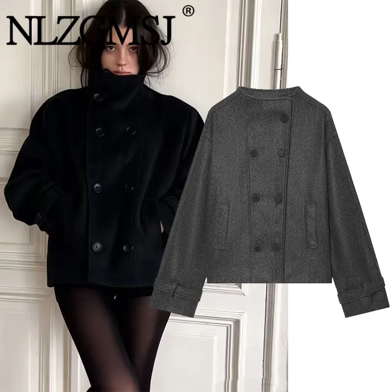 Nlzgmsj 2026 Autumn Winter Women Short  Coat Double Breasted Stand Collar Loose Oversized Jacket  Vintage Outerwear