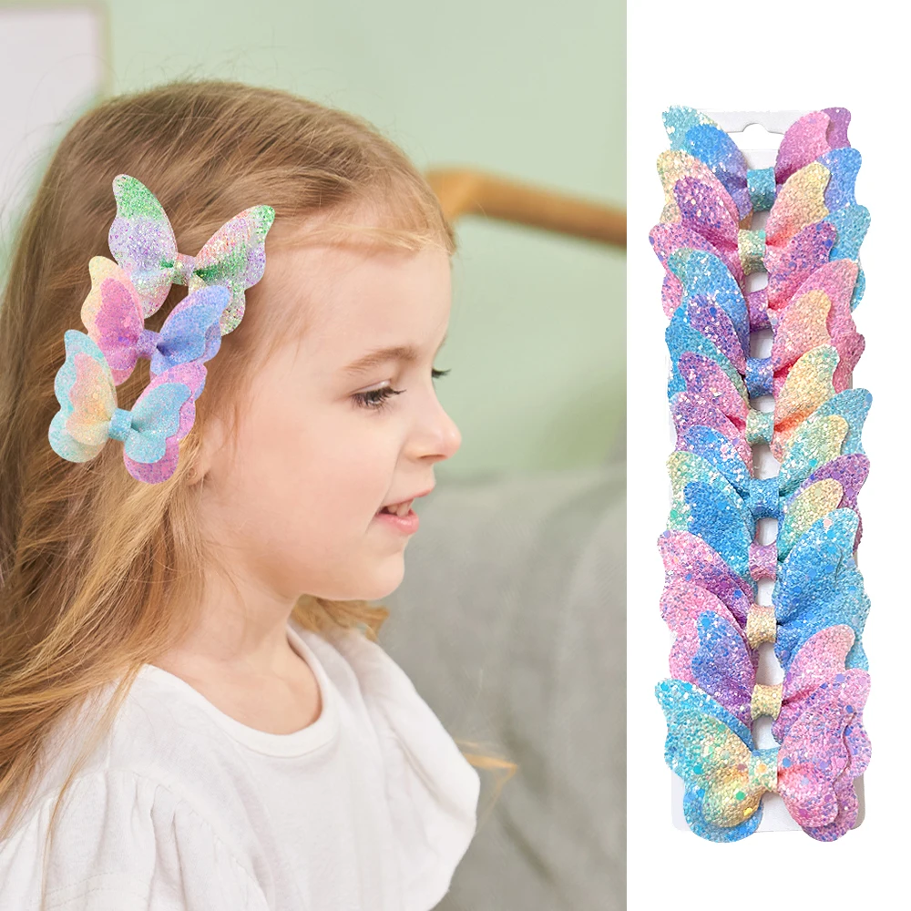 10 Teile/satz Farbverlauf Schmetterling Bögen Haar Clips Frauen Mädchen Glitter Leder Haarnadeln Barrettes Headwear Kinder Haar Acesssories