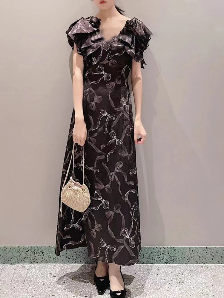 TWOTWINSTYLE Hit Color Printing Designer Long Dress For Women V Neck Flying Sleeve Spliced Ruffles Slimming Elegant Dress Female