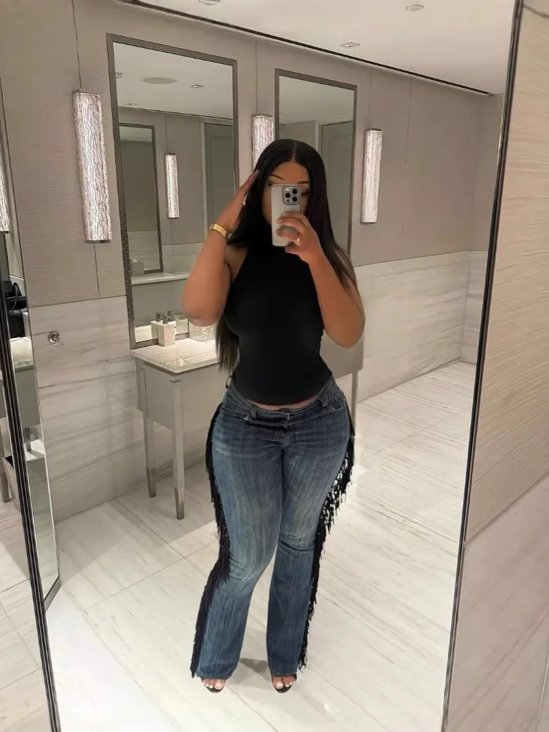 Y5270 European and American women's fashion retro fringe edge high waist straight leg pants jeans