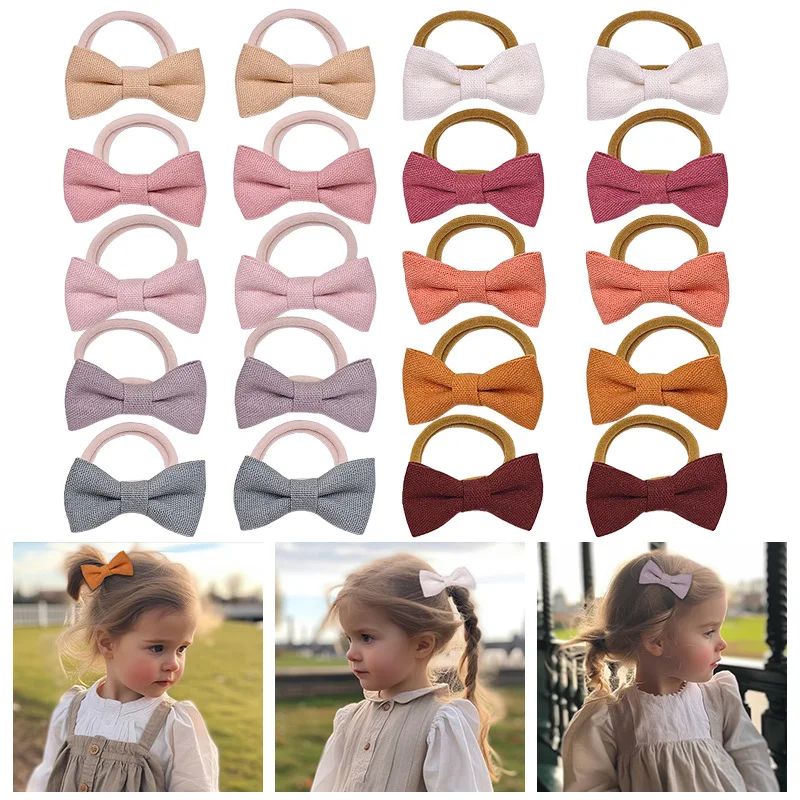 

20PCS Children's Bow Hair Rope Cute Little Girl Solid Color Does Not Hurt The Hair Rubber Band Cotton and Linen Fabric Hair Band