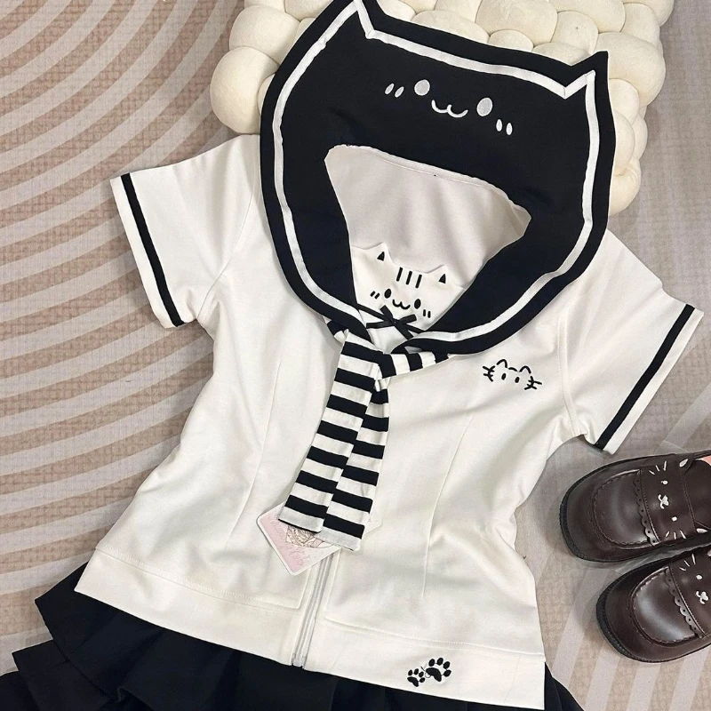 

Летняя повседневная футболка-кардиган в студенческом стиле JK больших размеров на молнии с коротким рукавом для мужчин и женщин, с матросским воротником и бантом