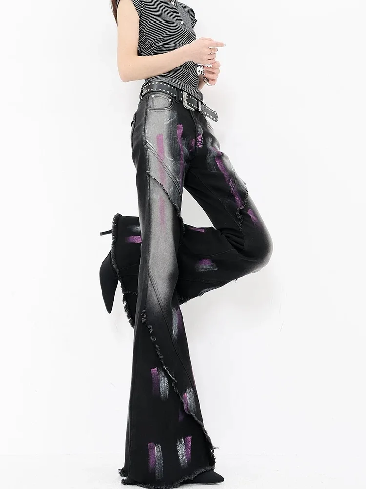 Y2K American Style Jeans Women Splashed Ink Fringed Trendy Spicy Retro Contrast Color Slim Fit Micro Flared Pants