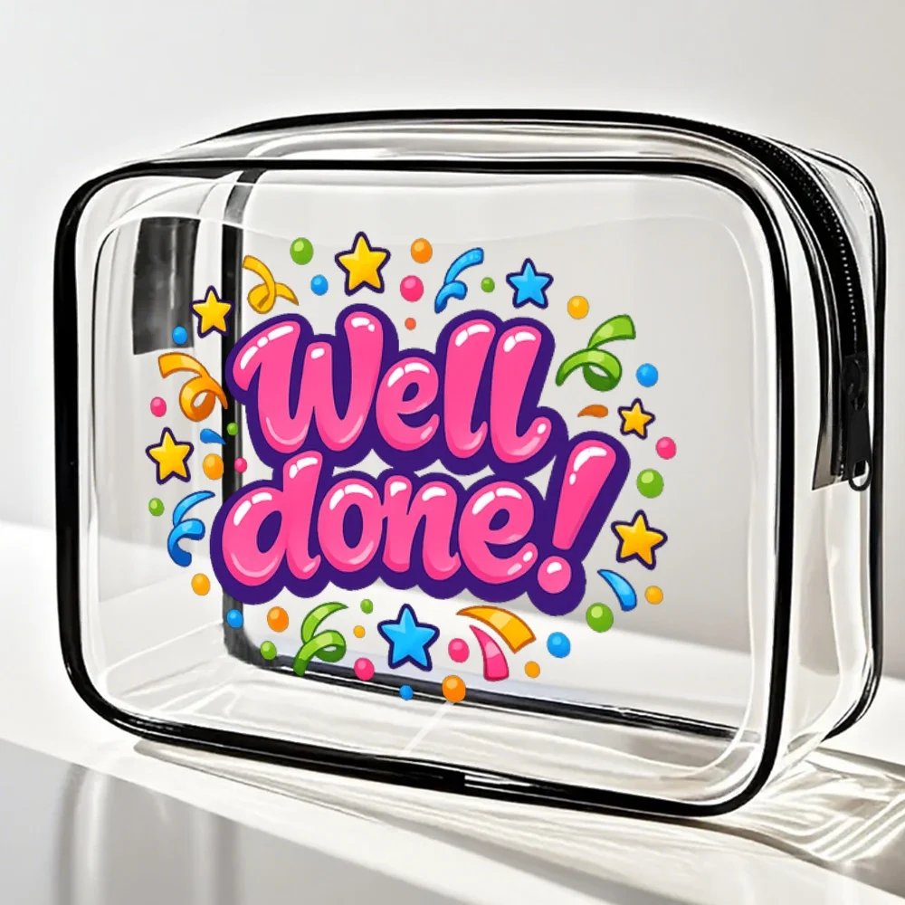 Toiletry Bag Well Done! Cute Stars And Confetti Clear Zipper Pouch Transparent Cosmetic Bag Colorful Bubble Letter Design Trav