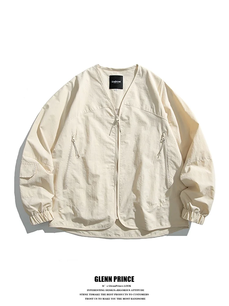 

Мужская винтажная тонкая рабочая куртка GPstudio с V-образным вырезом, функциональная, водонепроницаемая, без воротника, для активного отдыха, весна-осень, свободный крой, декор на молнии