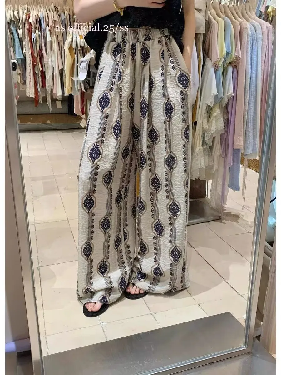 n Sle High Waist Wide Leg Pants Women's Loose Casual Trousers Summer 2025 Print Vaion Feel Loose Fit Long Trousers