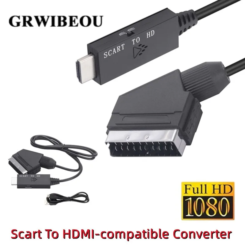 SCART to HDMI-compatible Converter Cable Video Audio Converter Adapter With USB Cable SCART In HDMI Out 720P/1080P for HDTV DVD