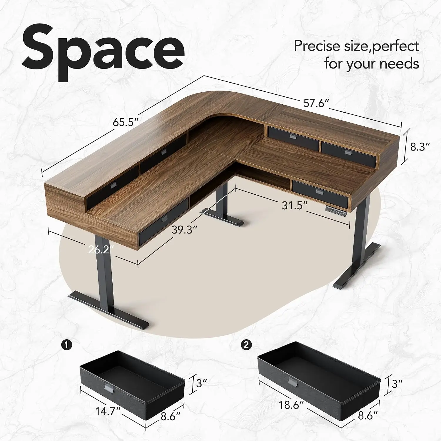 L Shaped Standing Desk With 6 Drawers & 2-Tier Storage, Walnut, 65 Inch, Customized