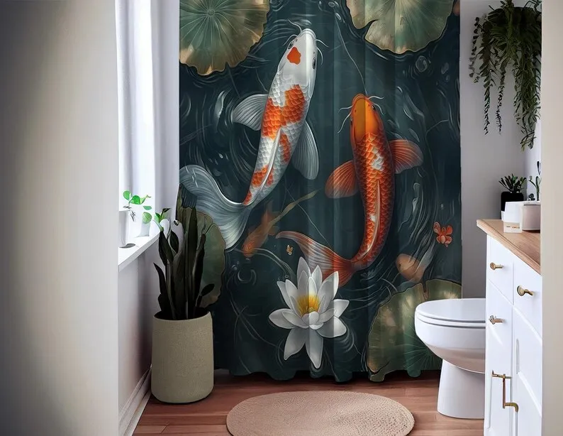 Koi Fish and Lotus Flower Shower Curtain, Waterproof Fabric Bath Curtain, Japanese Pond-Inspired Bathroom Decor
