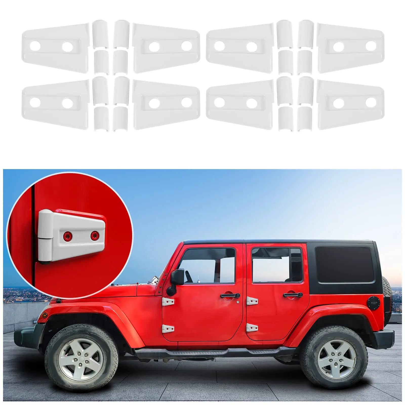 

White Door Hinge Cover Trim For 2007–2018 Jeep JK 4-Door – Exterior Protection And Styling Accessory
