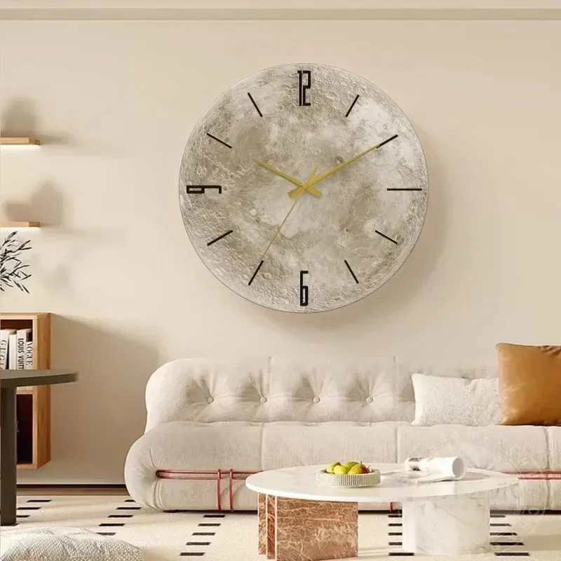 2024 New Sandstone Creative Moon Clock Living Room TV Background Wall Decoration Moon Silent Wall Clock Bedroom Atmosphere Light