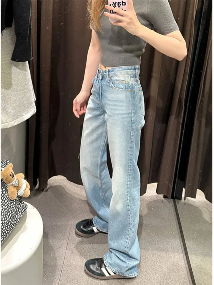 

Tall Women's Loose Straight Leg Jeans Mid-Rise High Waist Light Blue Summer Long Length American Retro Style Slimming Wide Le...