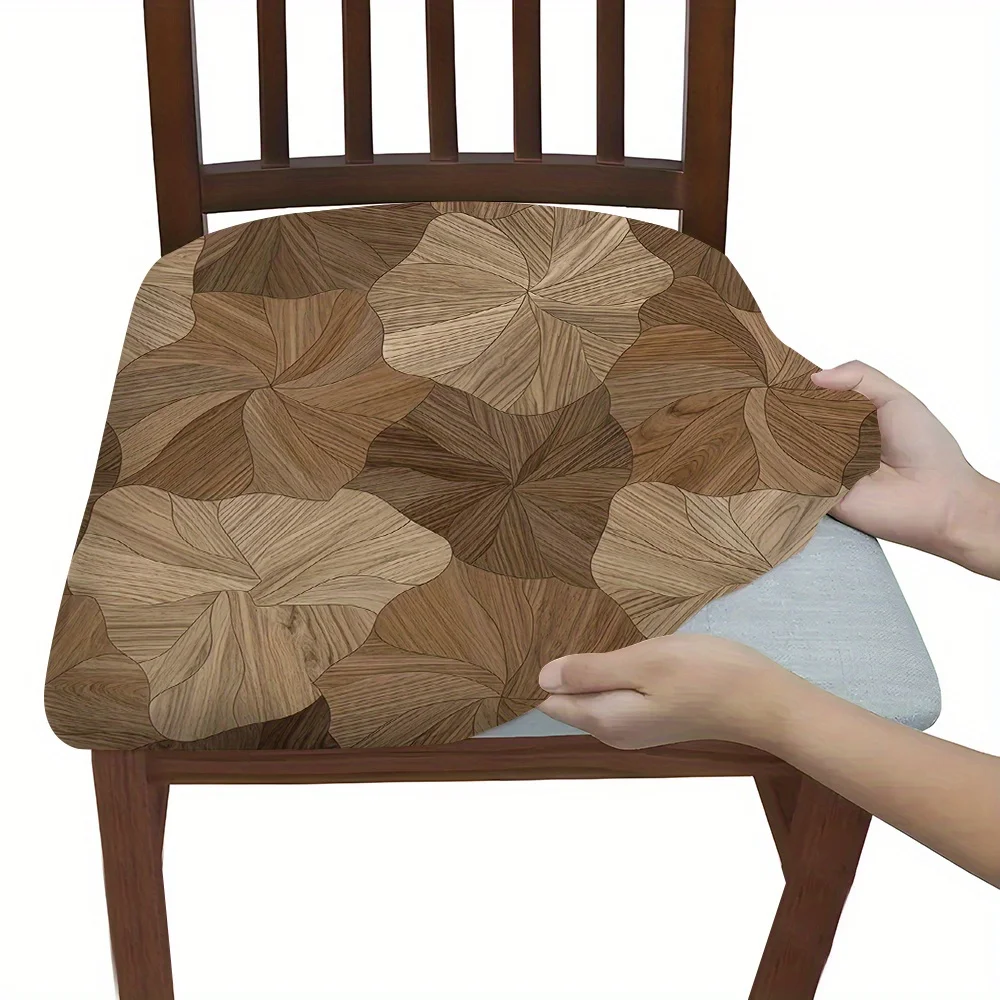 2/4/6pcs Chair Seat Slipcover,Wood Grain Leaf Print Elastic Chair Cover for Dining Room