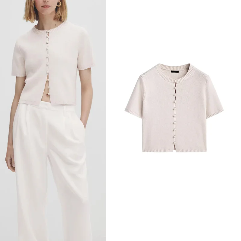 

Женский приталенный прямой вязаный свитер-кардиган с круглым вырезом и коротким рукавом, модный осенний трикотаж 2023 из полиэфирного волокна