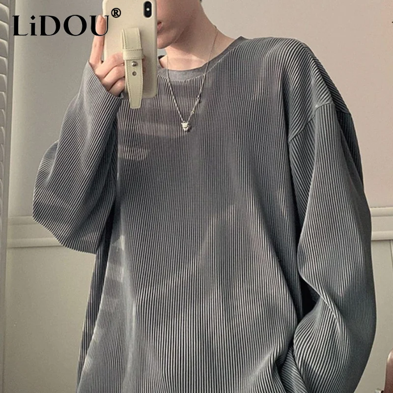 Spring Autumn Fashion Y2K Harajuku Korean Simple T-shirts Man Long Sleeve Streetwear Solid Color Chic Casual Top Male Clothes