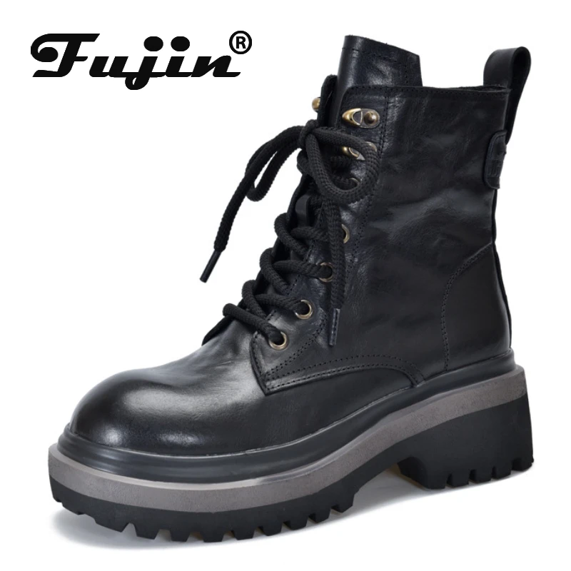 

Fujin 8cm Genuine Leather Platform Wedge Ankle Boots Ladies Booties Mixed Color Hidden Heel Chunky Sneakers Spring Autumn Shoes