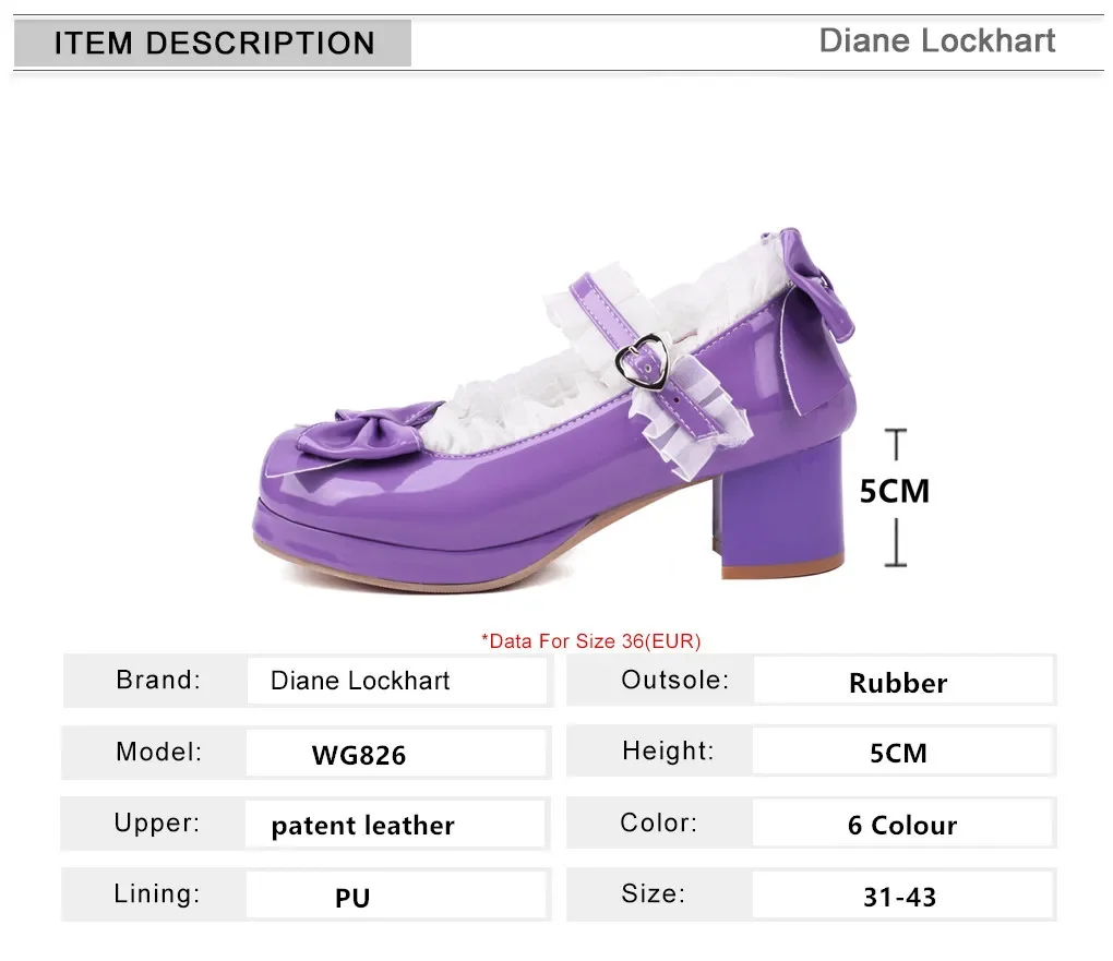 Woman Chunky Heel Lace Lolita Shoes Patent Leather Cute Bow Mary Jane Pumps Bride Wedding Cosplay Party Purple Heels Size 32 33