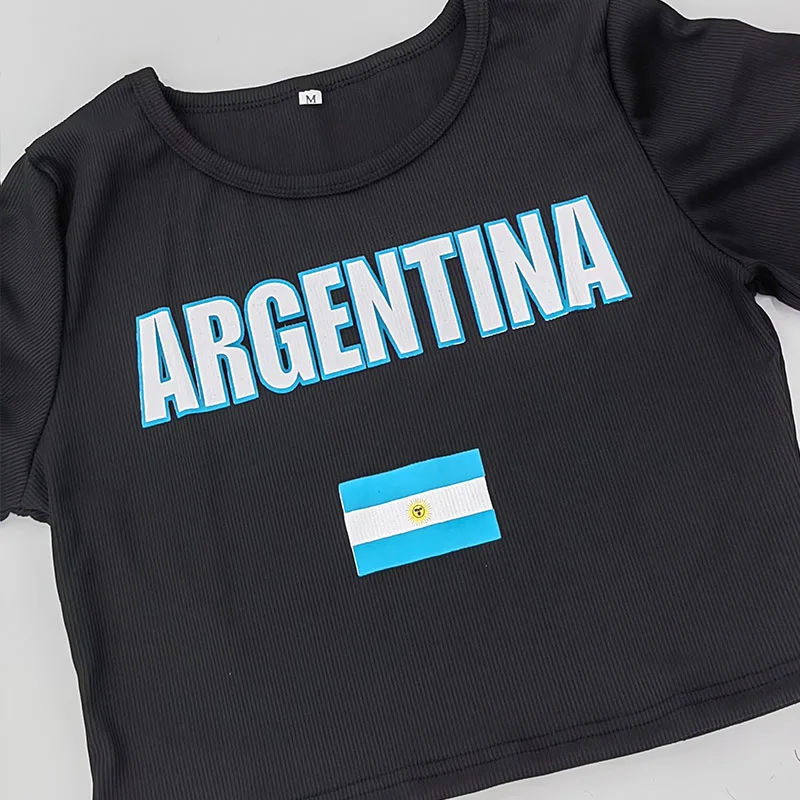 2024 Sexy T Shirts Leo Messi Soccer Argentina Letter Print Fashion Women Crop Tops Streetwear Summer Black Sexy Party Femme Y2k