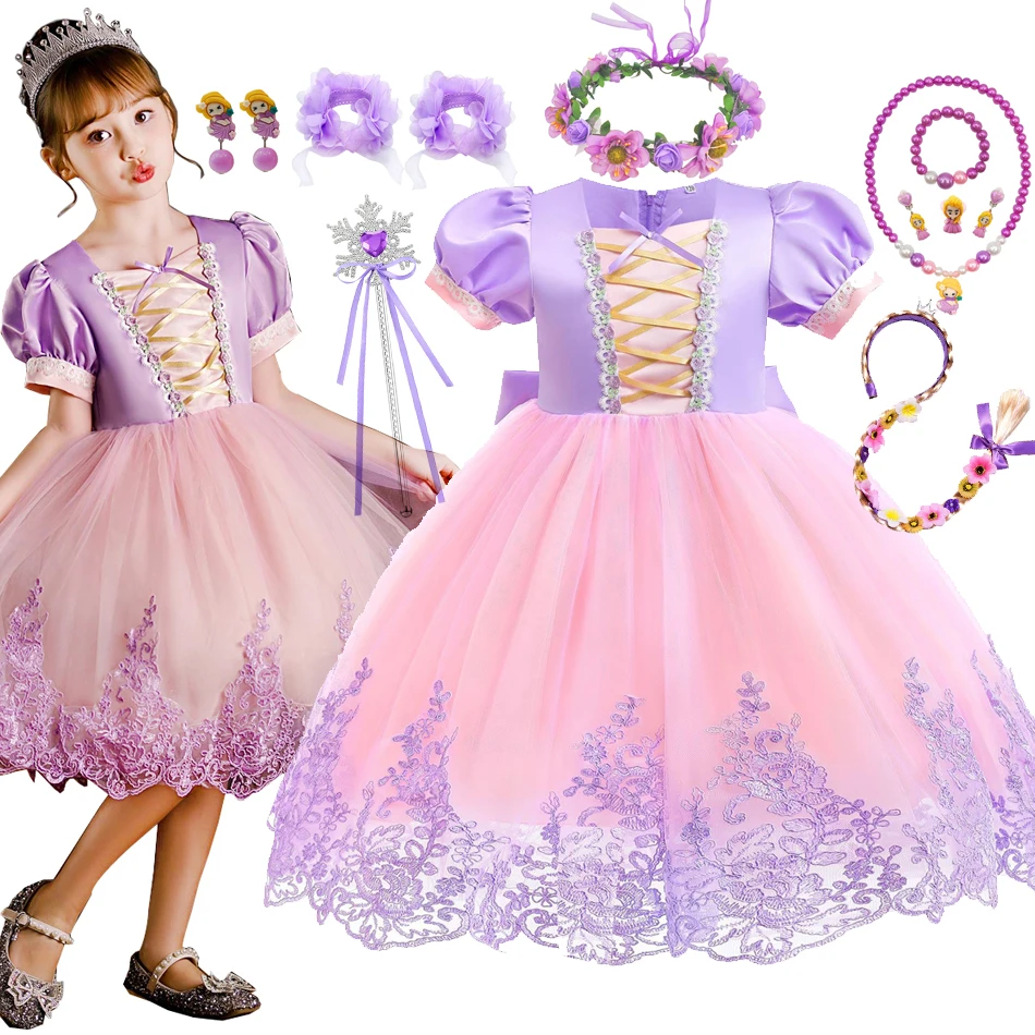 Fancy Girl Princess Cosplay Rapunzel Costume Embroidered Flower Party Dress Christmas Baby Sofia Puff Sleeve Infant Ball Gown