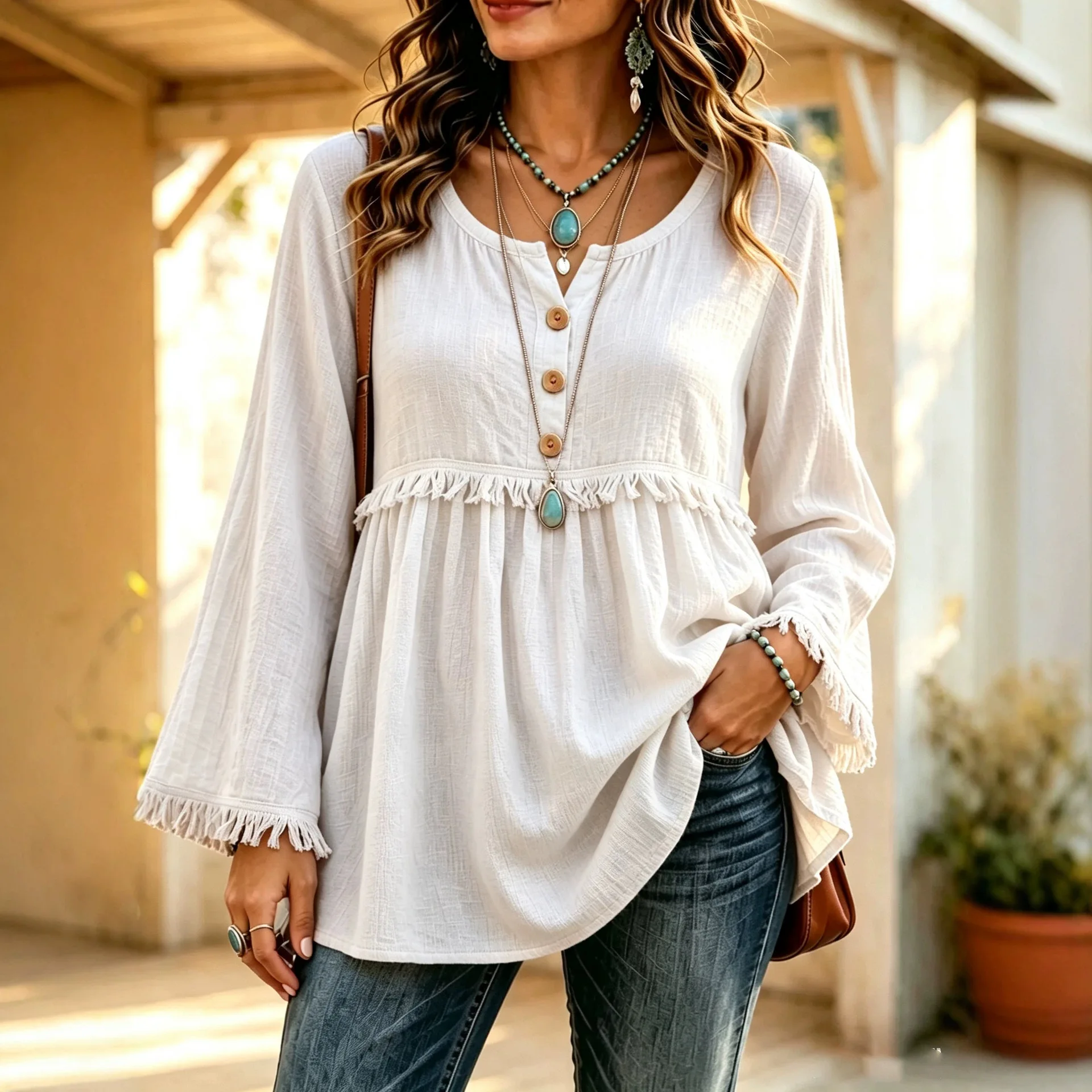 Women's Spring Autumn Loose Twist Button Tassel Solid Color Long Sleeve Top