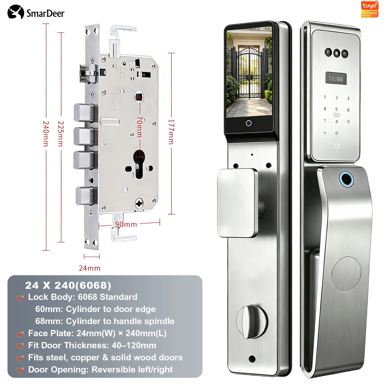SmarDeer IP66 Outdoor Waterdicht Smart Lock, 3D Gezichts- en Palmaderherkenning Deurslot, Tuya WiFi Keyless Entry Veiligheidsslot