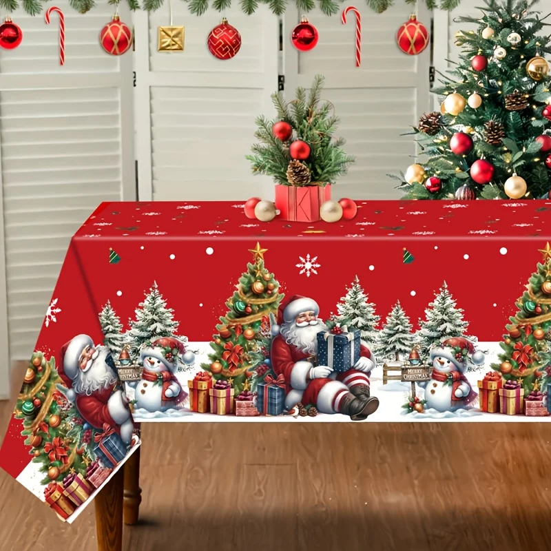 1pc,Merry Christmas Disposable Plastic Tablecloth,51.18*86.61inch,Red Santa Claus Snowman Christmas Tree Table Decor,Merry Chris