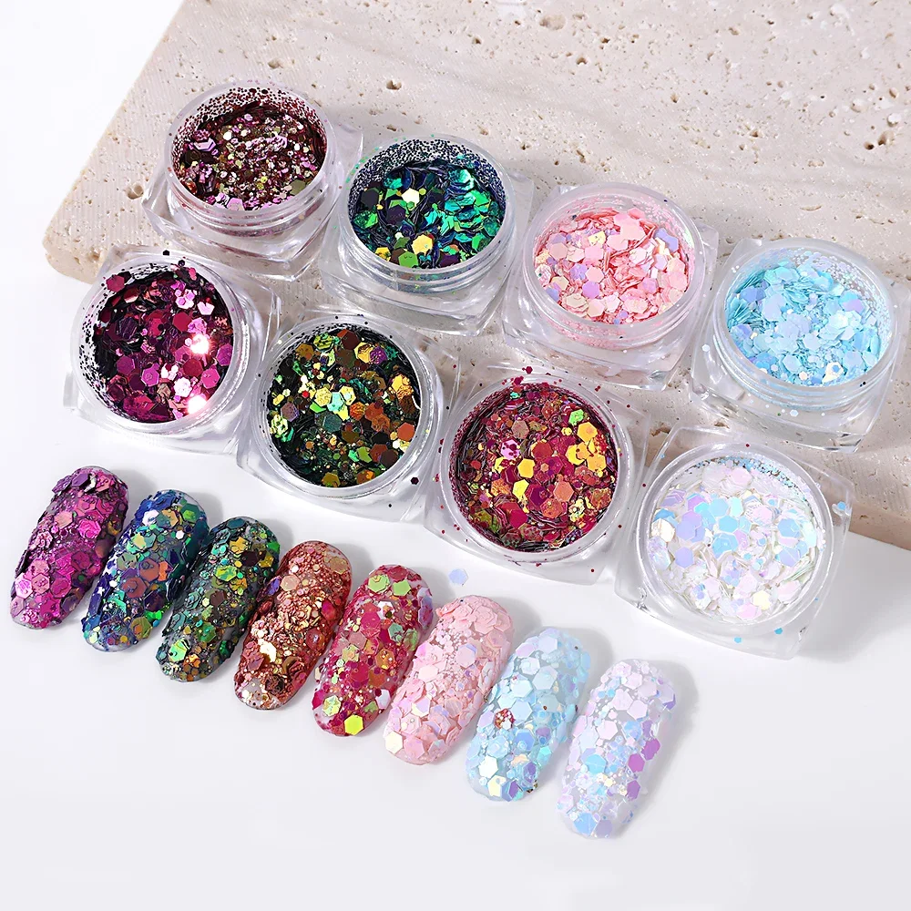 3D Sparkly Nail Sequins Laser Mixed Nail Glitter Hexagon Flakes Powder Sequins Shinning Colorful Nail Flakes DIY Nail Decoration