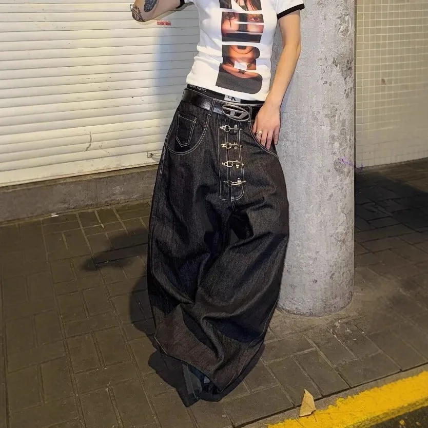 2026 New American Vintage Wide Leg Jeans Unisex Contrast Stitch Irregular Multi Pocket Curved Baggy Floor Length Denim Pants