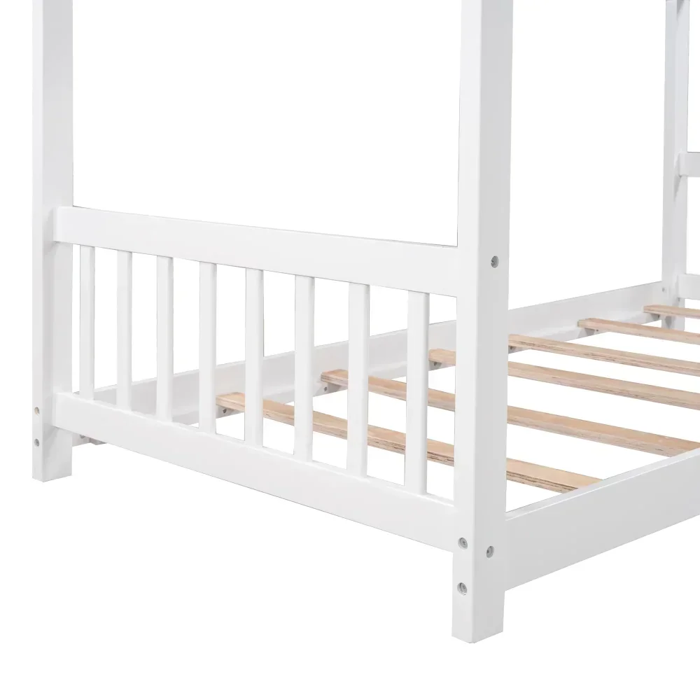 Letti per bambini bianchi, letto per bambini a basso profilo, letto a doppia piattaforma a forma di casa in legno per bambini, senza bisogno di molle