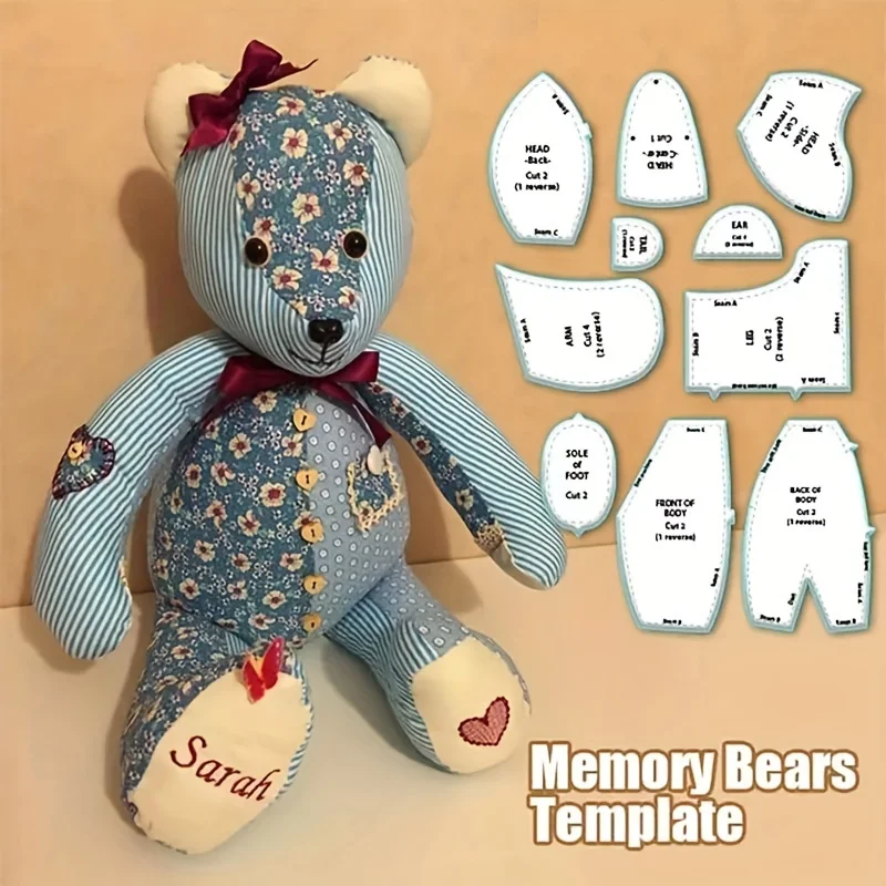 10pcs/Set Creative Acrylic Memory Bear Templates patchwork Cutting Ruler DIY Chid Toy Gift Sewing Pattern With Instruction