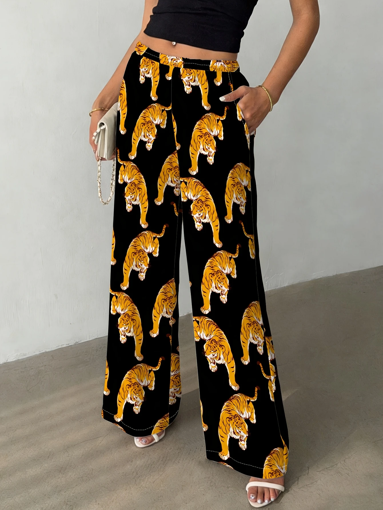 Tiger Print 3D Printed Unisex Wide Leg Casual Pants with Oversized Tiger Pattern and Loose Drape for Men and Women