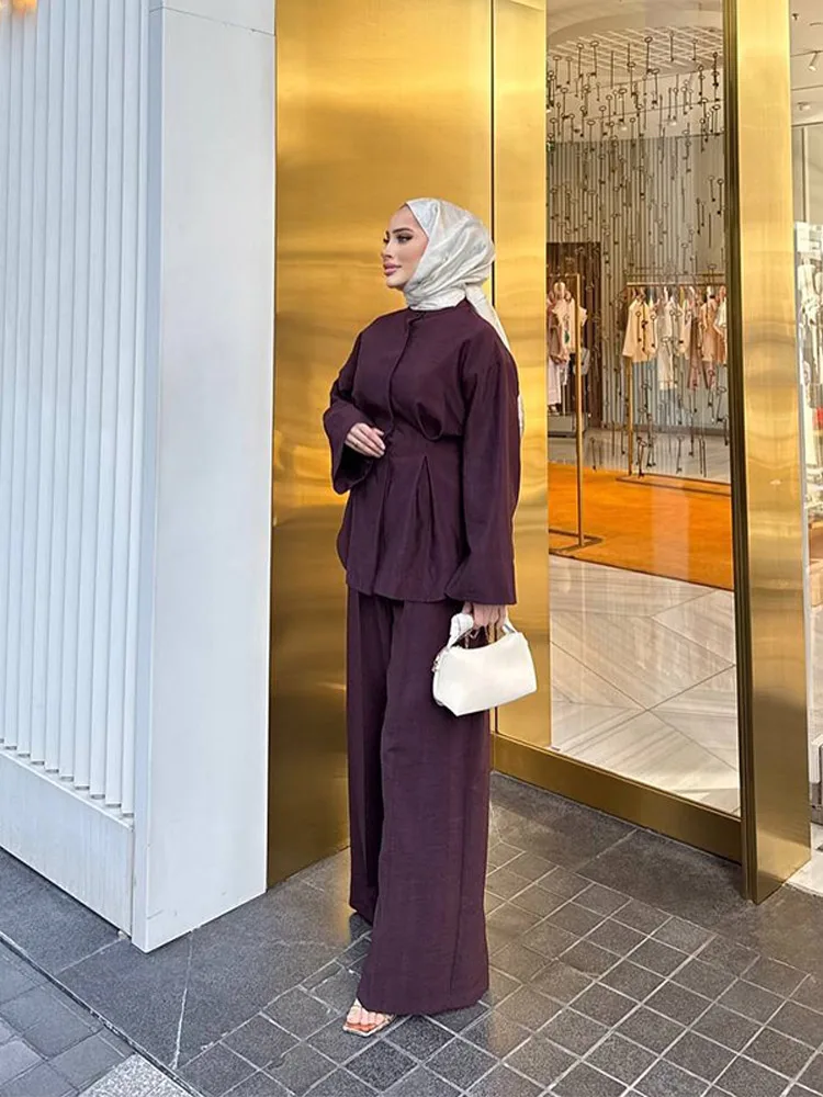 

Casual Solid Pants Suits Women Loose Waist-closed Pleated Long Sleeve Shirts Trousers Sets 2025 Summer Fashion Office Lady Suit