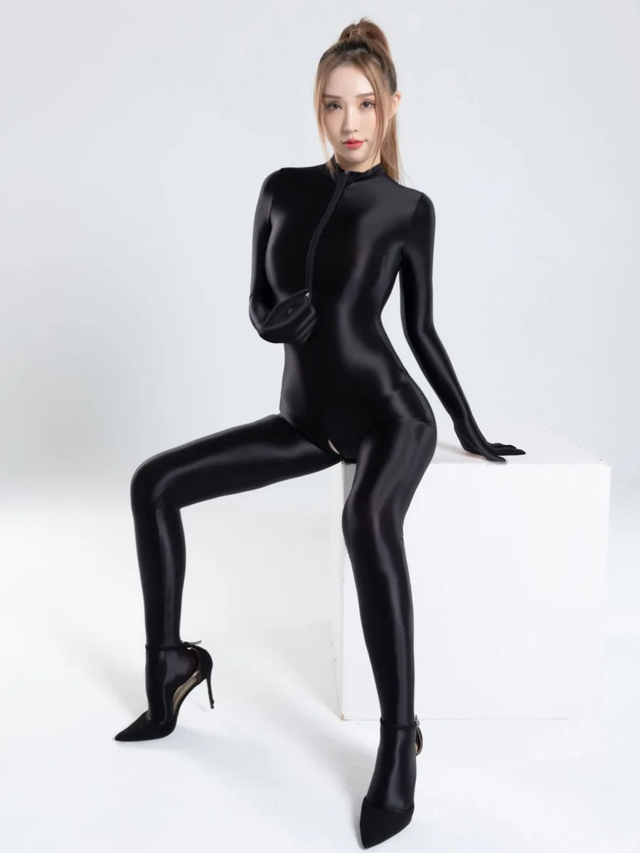 Sexy Shiny Smooth Silky Double-Headed Zipper Crotch-Free Footed Hand-Wrapped Long Sleeved Solid Color Bodysuits Pure Desire S5AV