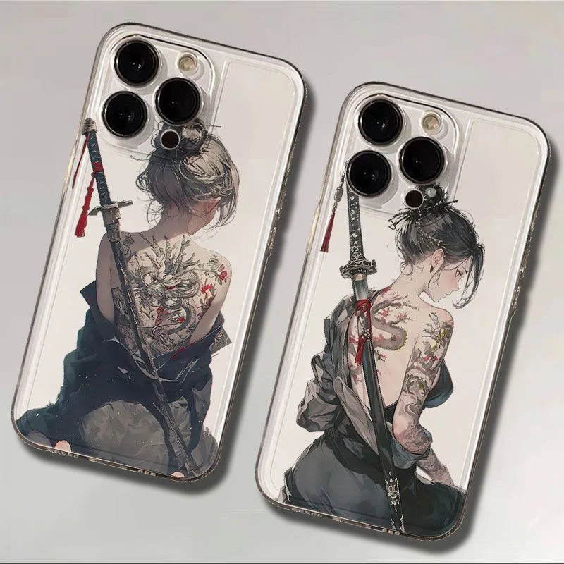 Funda para Teléfono con Diseño de Espada y Tatuaje Completo en la Espalda, Estilo Coreano, para iPhone 11 12 13 14 15 16 17 Pro Max Plus, Antigolpes